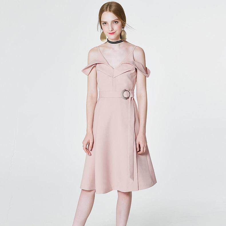 糖力2017春装新款欧美女装粉色吊带连衣裙收腰中长款百搭裙子礼服