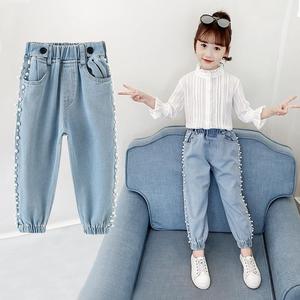 女童牛仔裤2020春装韩版洋气小女孩网红长裤中大童时髦珍珠休闲裤
