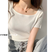 Square collar French ice silk white top womens summer 2021 new knitted short-sleeved clavicle high waist short T-shirt ins