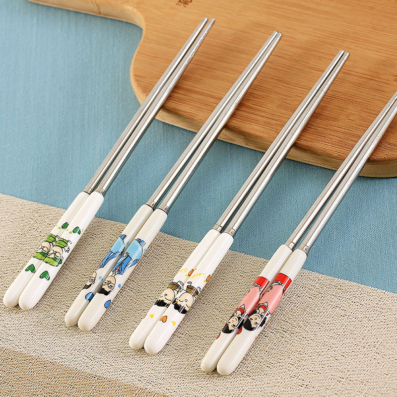 Household ceramic handle the parent - child creative family no express suit portable stainless steel chopsticks tableware