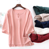 Womens top pajamas single spring and summer cotton gauze thin quarter sleeves cotton washed crepe home clothes