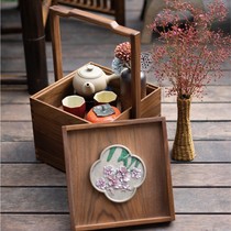 Wooden box New Chinese style multi-layer black walnut solid wood portable tea box Office living room storage tea table portable box