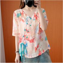 Cotton linen Chinese style retro blouse shirt Womens large print thin style literary disc buckle V neck lace top summer