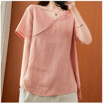 Summer new ethnic style V-neck embroidered cotton linen T-shirt loose versatile casual literary short-sleeved linen cotton shirt Women