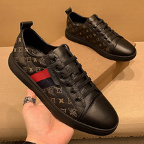 Tide Cards Genuine Leather Casual Shoes Men Summer Black Printed Little Honeybee Trendy Men Shoes Europe Station 100 Hitch Sports Board Shoes