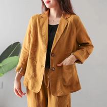 Pure linen casual small suit womens single-breasted lapel long sleeve loose top full-edged literary professional wear jacket