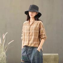 2021 early Autumn New Long Sleeve V-collar thin plaid shirt women loose Korean version of washed cotton hemp lining