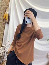 2021 autumn and winter New stitching irregular base shirt female loose casual thin solid color long sleeve round neck T-shirt