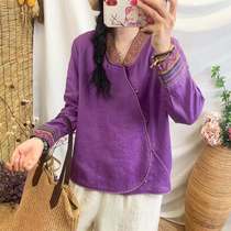 2021 Plain Linen Long Sleeve Coat Full Edge V-neck Embroidered Shirt Loose Size Slim Copper Bell Button Top