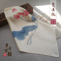 Vegetarian and silk without incense SUBERSILCK mulberry silk hand-painted Chinese ancient wind lotus flower pattern suction sweaty towel small handkerchief