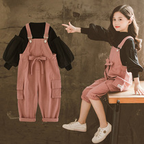 Korean girls' work-loaded backpants autumn outfit 2021 new Korean version of children's clothing