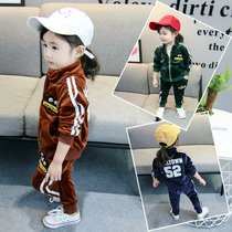Boys and girls set 2021 New style spring and autumn Korean version of childrens clothing 1-2-3 years old sports golden velvet two-piece set