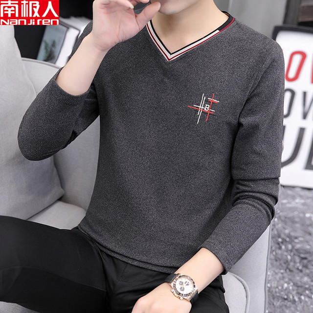 Antarctic people in autumn and winter plus velvet thickening V-neck T-shirt sweater men's slim long-sleeved warm bottoming shirt men's shirt Antarctic people in autumn and winter plus velvet thickening V-neck T-shirt sweater men's slim long-sleeved warm bottoming shirt men's shirt