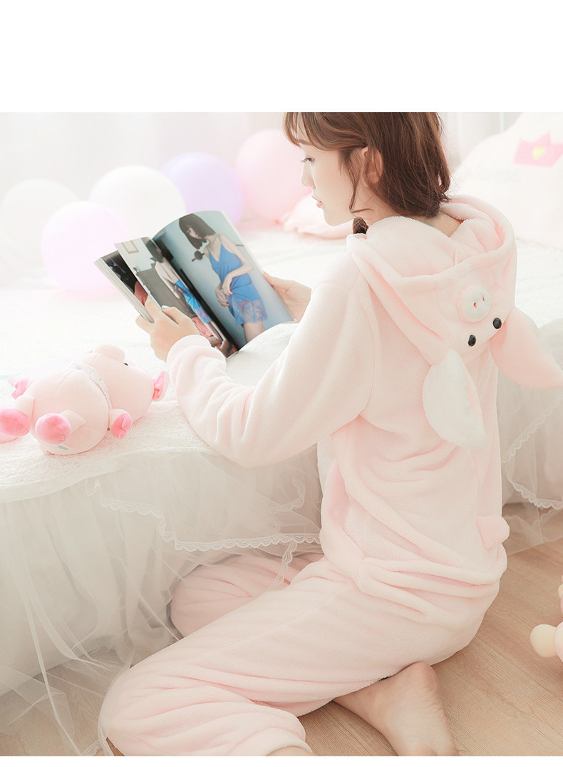 卡通粉色小猪兔子耳朵连体睡衣女动物可爱秋冬睡衣家居服网红同款