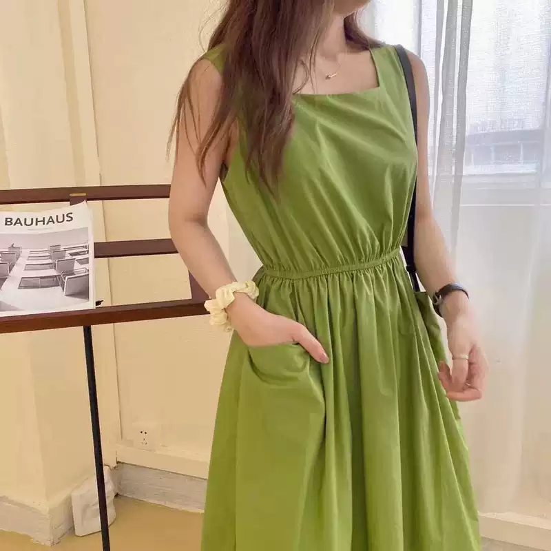 Váy màu xanh lá cây bơ 2021 mới của phụ nữ mùa hè ngọt ngào matcha eo màu xanh lá cây siêu thần tiên khí chất cổ tích Xu hướng váy dài - Váy dài