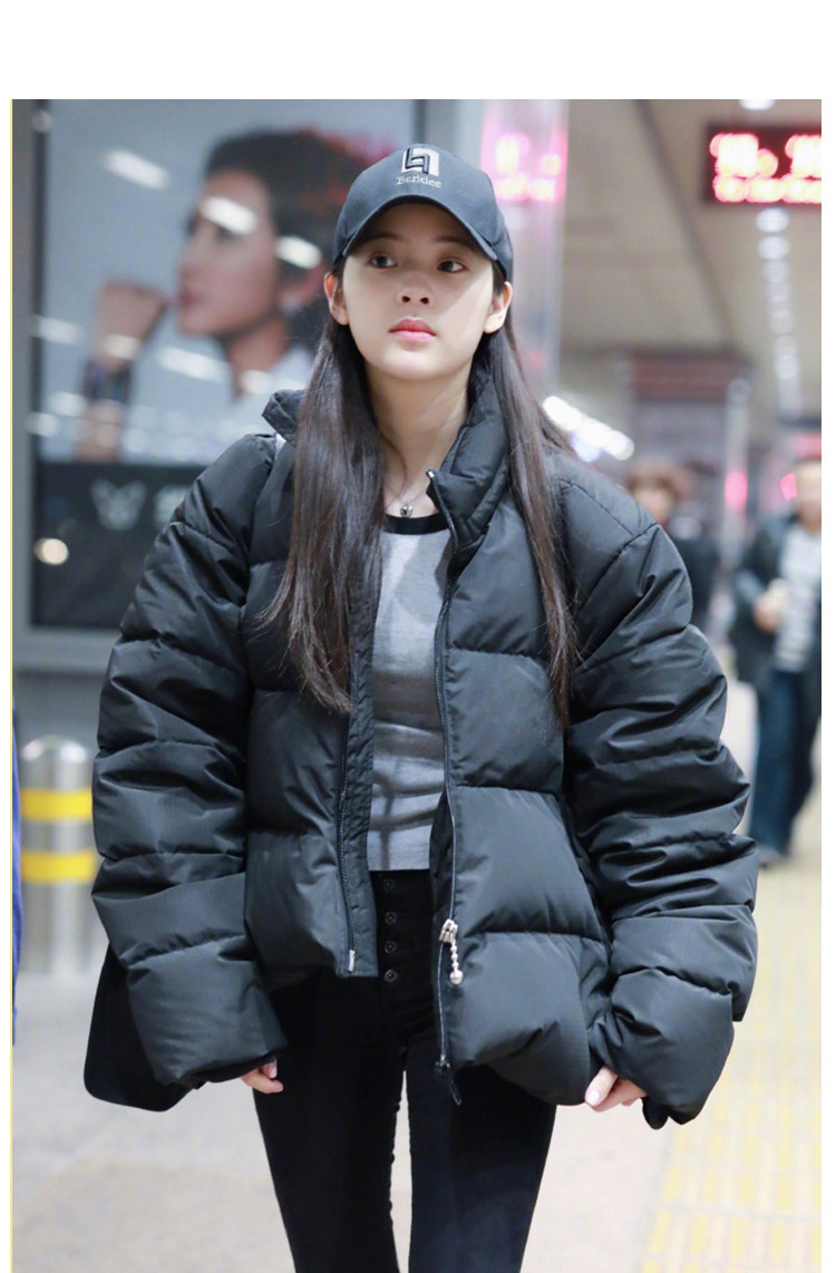 欧阳娜娜明星同款黑色羽绒棉服加厚面包服手塞棉宽松版外套女