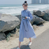  French retro shirt dress female spring and autumn 2021 new temperament college style irregular large swing long skirt