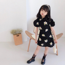 Summer girls new full print Flowers Qipao Dress dress 2021 Childrens temperament Net Red Bubble Sleeves Thin dresses