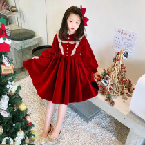 Girl Plus Velvet Velvet Dress 2021 Autumn Winter New Children Red New Year Dress Birthday Gown Dress Fluffy Dress