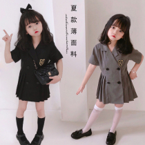 Girl Short Sleeve Suit Dress 2022 Summer New Childrens Temperament Double Row Button Foreign Air 100 Pleats Dresses Thin
