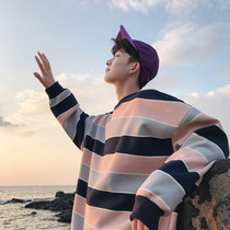 Mens Korean version of the trend stripes inside base shirt spring autumn Hong Kong wind loose students long sleeve T-shirt clothes