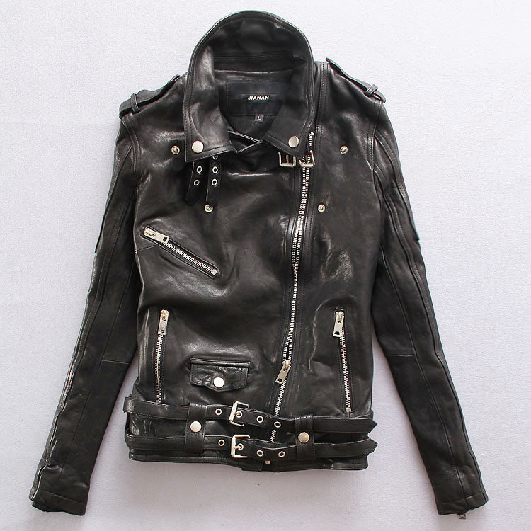 2017春机车款真皮皮衣植鞣头层绵羊皮短款翻领皮衣女修身真皮外套