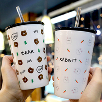 Oatmeal Cup female cute girl ceramic cup with lid straw large mug Japanese student drinking cup
