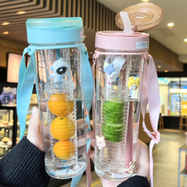 Childrens water glass female high face value student summer with straw tea septegas cup ins and wind plastic anti-fall satchel