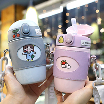 Children drink water cup with straw out student Cup Anti-fall Cute kindergarten Primary School students oblique cross insulation Cup