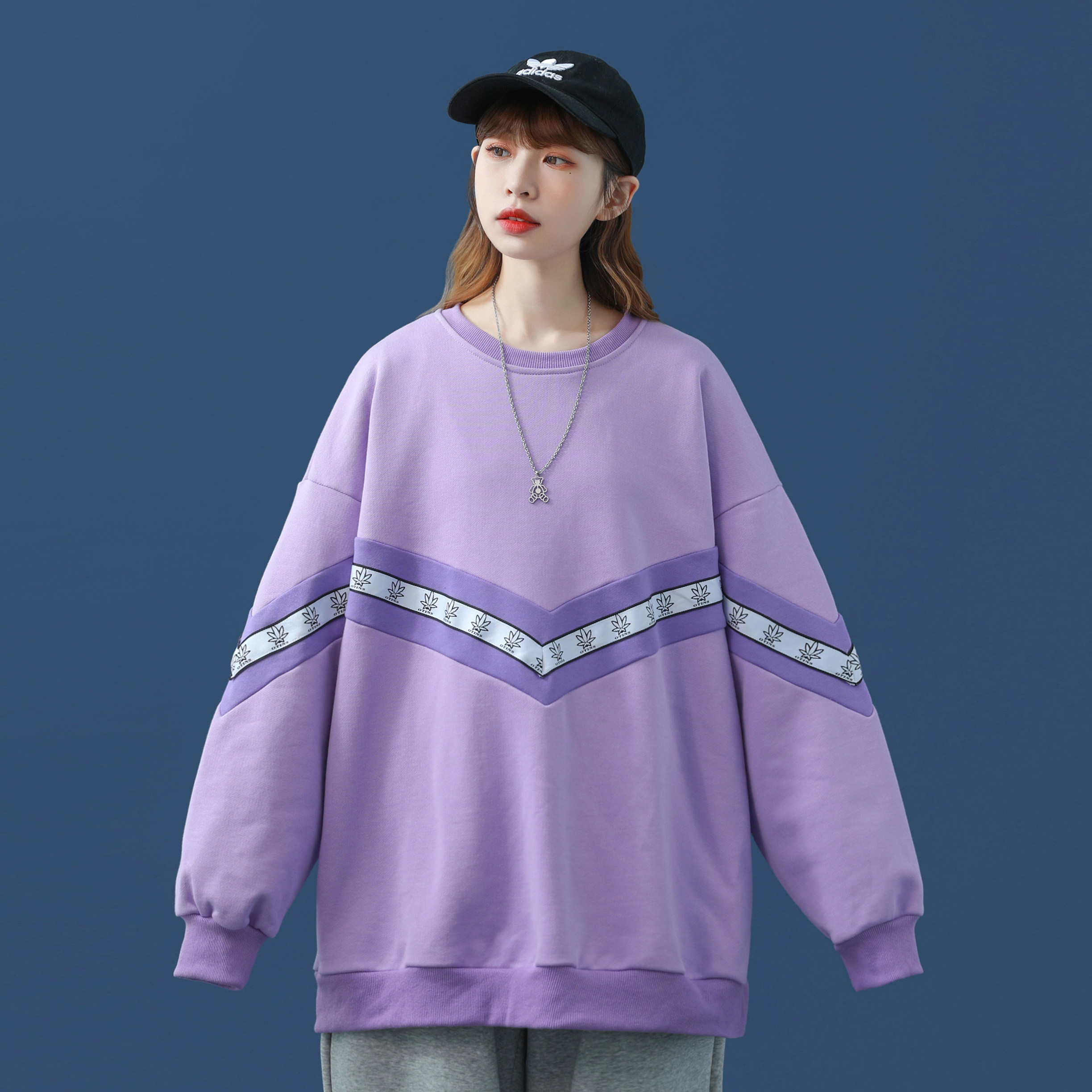 2021秋装新款 中性拼接织带宽松圆领卫衣 wy10/p60 控价78