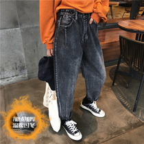 Winter new plus velvet thickened student wide-leg jeans female Korean version plus size fat MM high waist loose dad pants trend