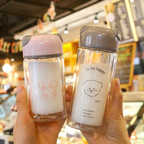 Net red cartoon double-layer glass heat-resistant cute female student super cute stick figure water cup small portable Korean Cup