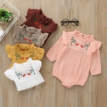 In the autumn of 2019 babys jumpsuit middle collar long sleeve knitted flower pattern baby climbing suit