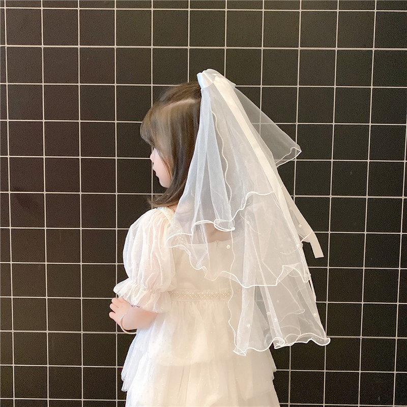 儿童婚礼头纱发光花童蝴蝶结头纱可爱女宝宝公主发箍白色婚纱带灯