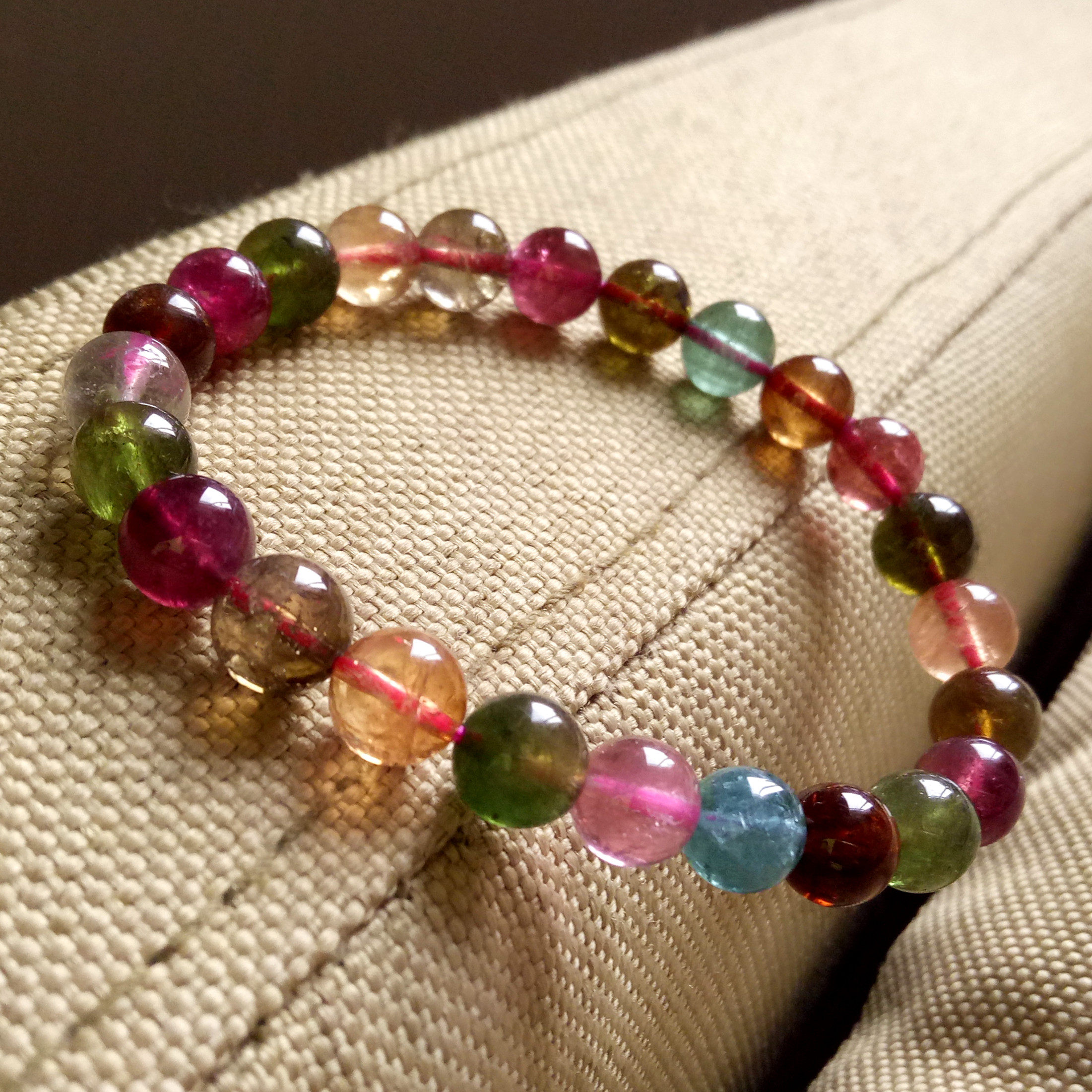 天然老矿碧玺手链单圈通透体 蓝碧散珠糖果色水晶旺夫石手串女款