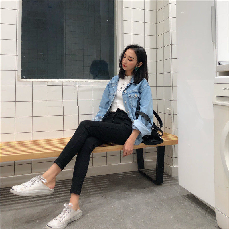 实拍韩版斜扣百搭修身显瘦高腰小脚牛仔裤女330327