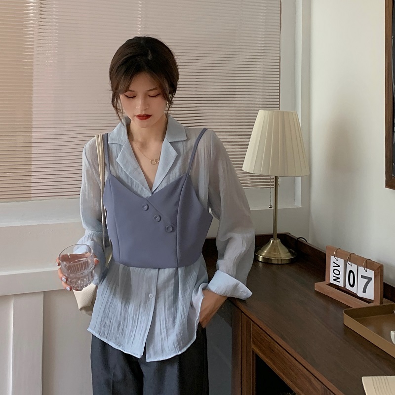 实拍实价 韩版设计感外穿抹胸吊带马甲 百搭中长款衬衫套装