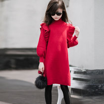 Girl red sweater skirt spring autumn British wind middle school children wear wooden ear lantern sleeves children's knitted dress