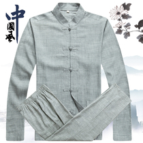 The elderly cotton and hemp Tang suit Long-sleeved mens suit Chinese Han Suit Dads suit Old man clothes Chinese style lay clothes