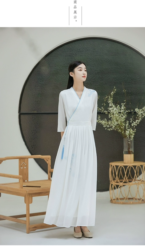 Su Mu mùa hè phong cách cổ điển của phụ nữ Trung Quốc cải tiến Hanfu cổ áo voan thêu xếp li - váy đầm