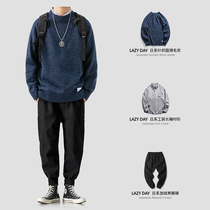 LAZY DAY original mens set with Japanese retro round neck sweater mens autumn loose pullover sweater