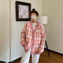 Retro Rhombus Crash Pink Coat 2021 Winter New Academy Wind Thickened V Collar Knit Cardiovert Woman