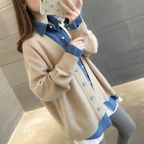 Denim splicing fake two cardigan womens 2021 spring and autumn clothes loose lazy wind solid color sweater coat tide