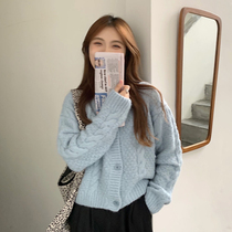Blue knit cardiovert shorts sweater woman loose outside wearing exploits 2021 new net red Korean tether gentle wind jacket