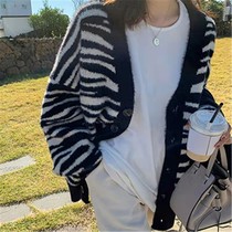 Mahai Fur Thickened Sweater Cardiovert 2021 Autumn Winter New Stripe Collage Loose V collar knit cardiovert jacket