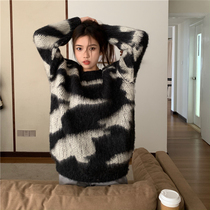 Mahai Fur Coat Woman Loose Outside Wearing LAZY WIND KNIT JACKET AUTUMN RETRO DAY DEPARTMENT LONG STYLE COLLISION COLOR JACKET