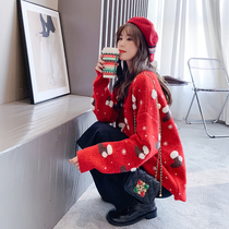 Christmas style red jacket sweater woman 2020 new Korean version loose with lazy wind thicken knit cardiovert blouse