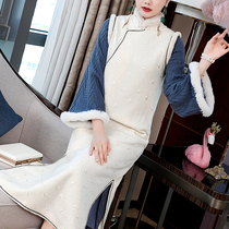 Fake two pieces of retro Republic of China improved cheongsam dress Chinese style women winter dress Chinese Zen tea dress women autumn and winter