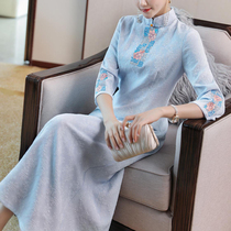 Embroidered Chinese womens thin improved cheongsam dress Zen tea dress female summer elegant ethnic dress