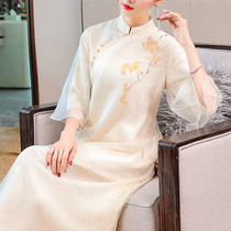 Retro temperament Chinese style womens modified version of Hanfu cheongsam dress Chinese Zen buckle tea dress womens autumn dress